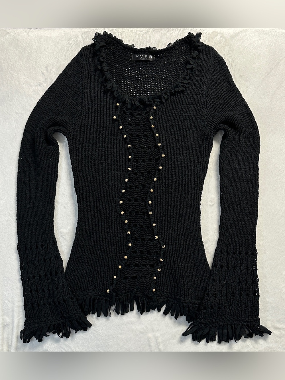 Y2K YVES PARIS women's black woven beaded frayed grunge sweater, S-M.